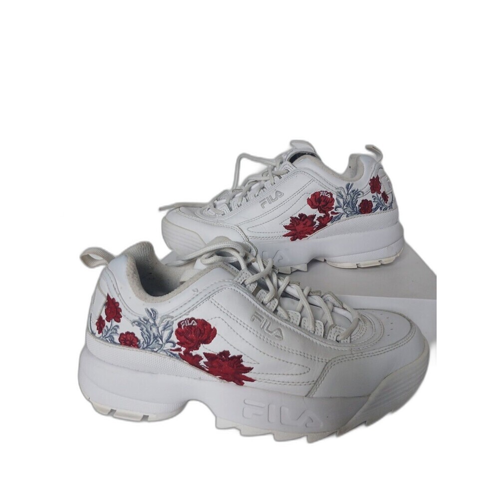 Fila Disruptor II Floral Embroidered Sneakers White Red Women's Size 8.5 EU 39.5